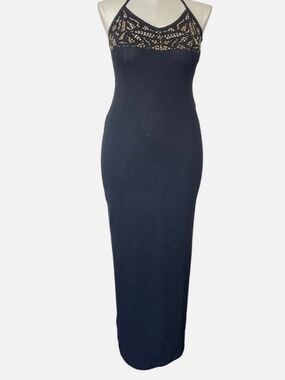 St John Evening Marie Gray Maxi Dress Santana Knit Sleeveless Halter Black Sz 12